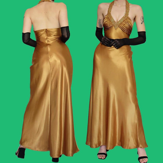 Gold satin halter neck evening dress UK 10