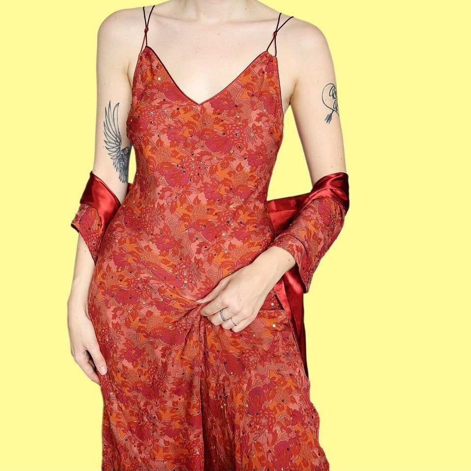 Autumnal 100% silk midi dress & shawl UK 14