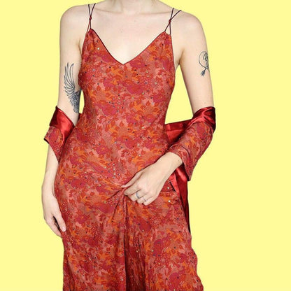 Autumnal 100% silk midi dress & shawl UK 14