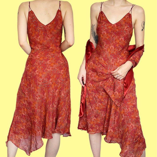 Autumnal 100% silk midi dress & shawl UK 14
