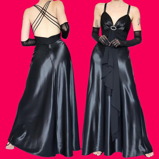 Black satin open back evening dress UK 12