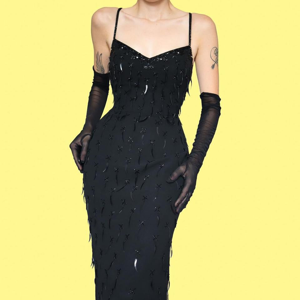 Black YVE 100% silk evening dress UK 10-12