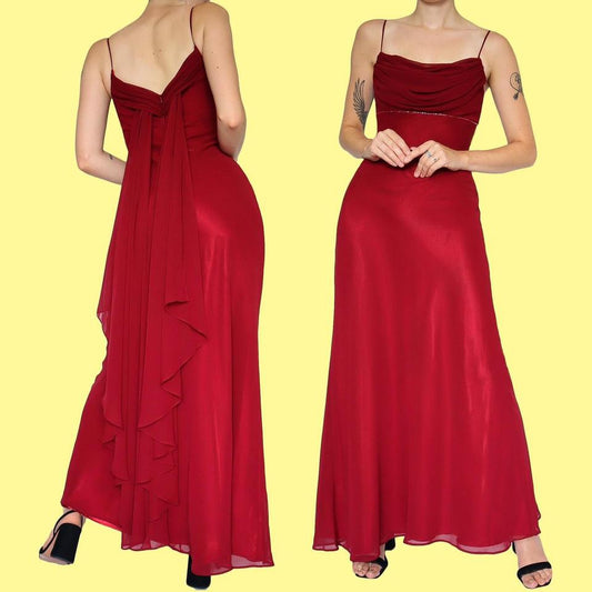 Red chiffon evening dress with shawl UK 8