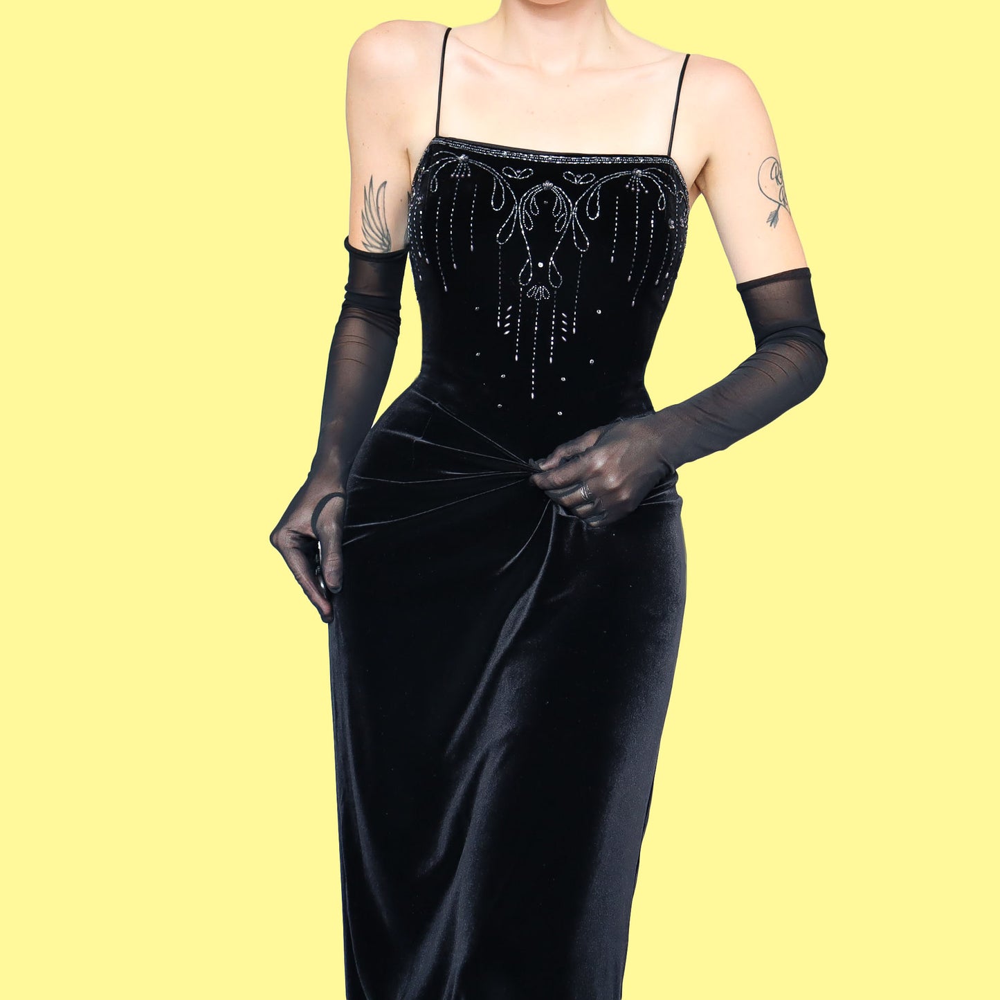 Black Dave & Johnny velvet beaded evening dress UK 12