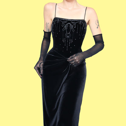 Black Dave & Johnny velvet beaded evening dress UK 12