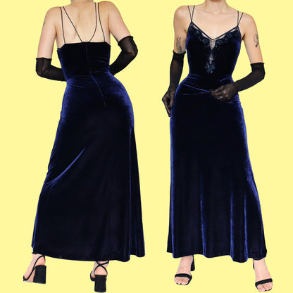 Navy velvet stretch evening dress UK 12
