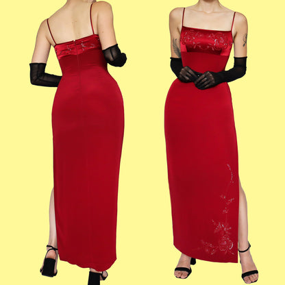 Red beaded fitted evening dress UK 8