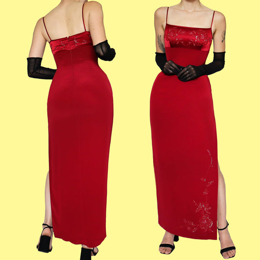 Red beaded fitted evening dress UK 8