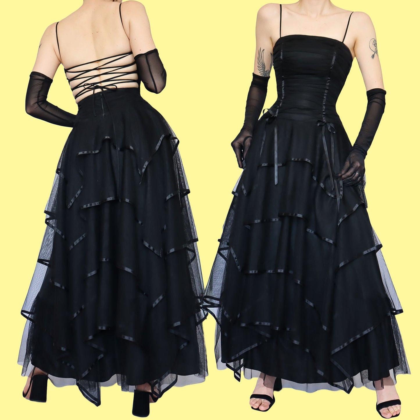 Black layered lace up evening dress UK 8 & UK 10