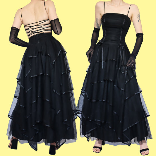 Black layered lace up evening dress UK 8 & UK 10