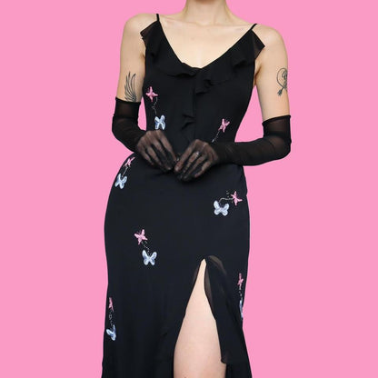 Black chiffon butterfly detail evening midi dress UK 12