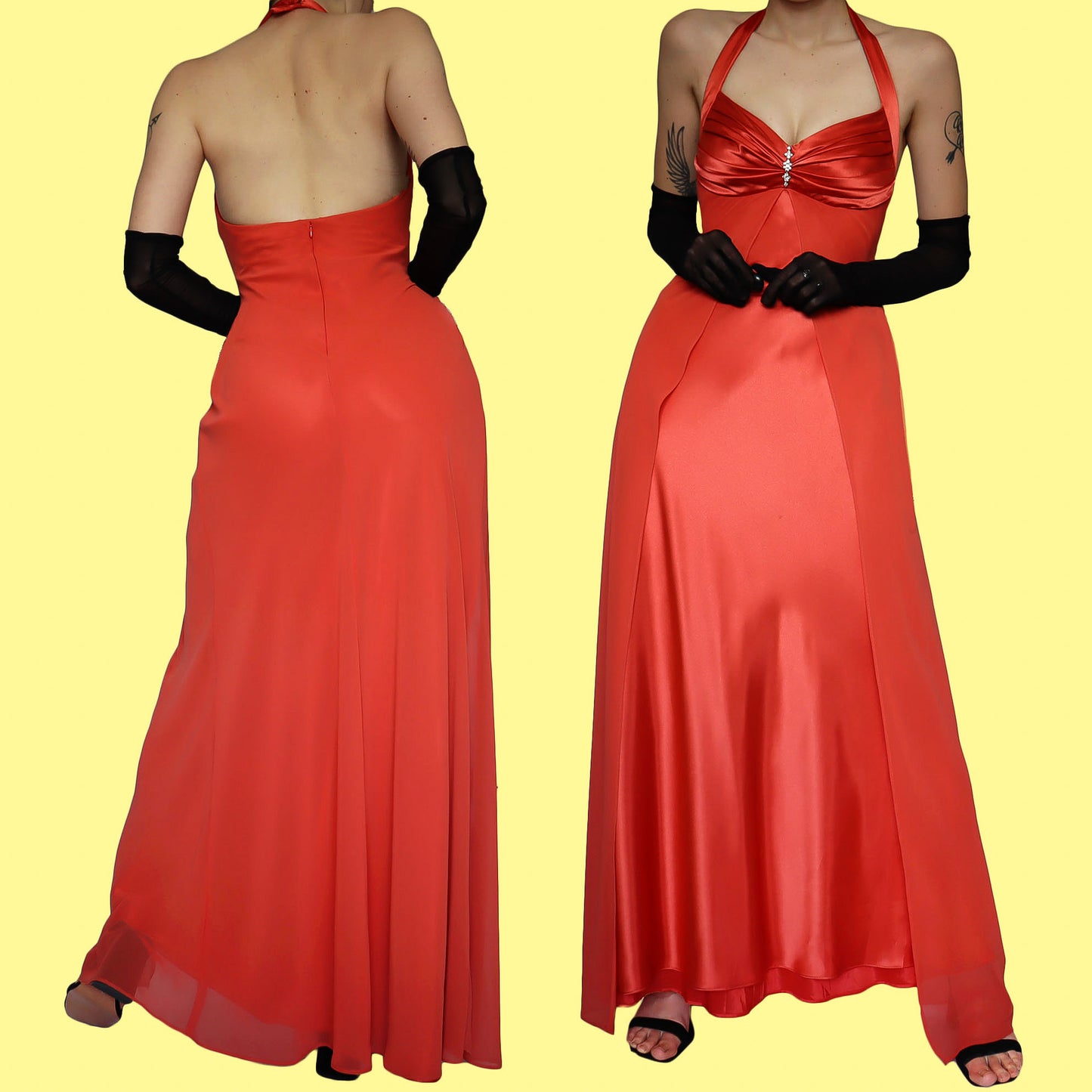 Orange satin halter neck evening dress UK 10