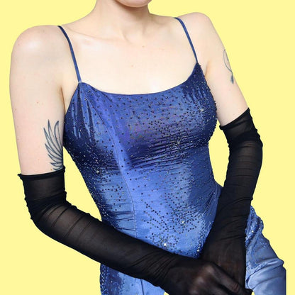 Blue satin beaded evening dress with shawl UK 12-14