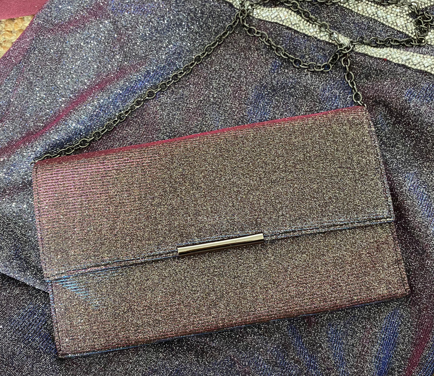 Glittery iridescent evening dress & matching bag UK 10