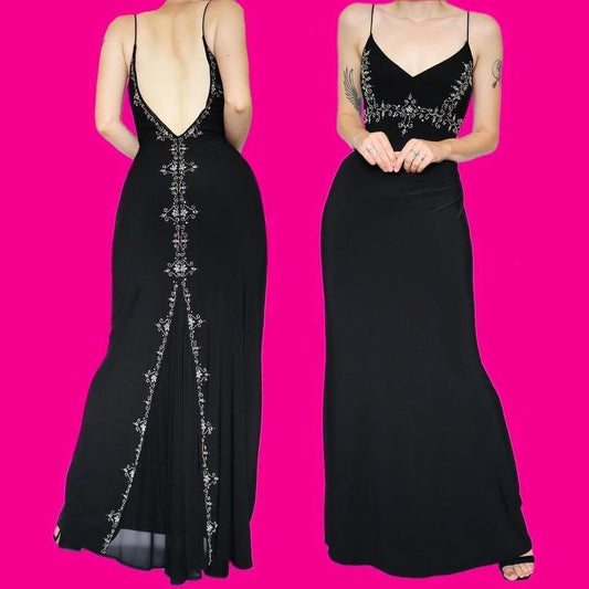 Black stretch beaded evening dress UK 14
