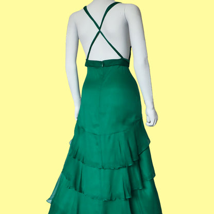 100% silk green layered evening dress UK 18