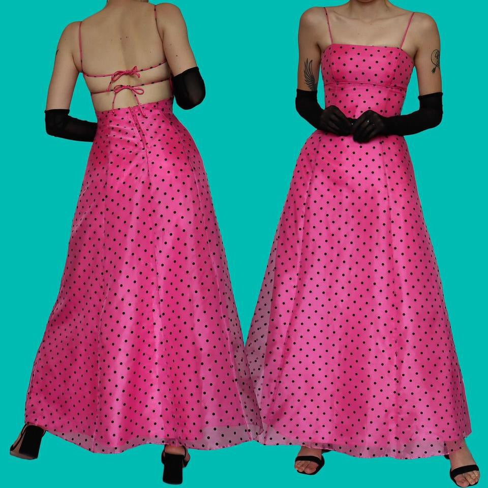 Bright pink polka dot a line evening dress UK 10