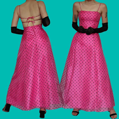 Bright pink polka dot a line evening dress UK 10