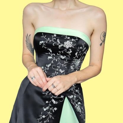 Black & green strapless a line evening dress UK 8