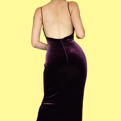 Dark purple velvet stretch evening dress UK 12