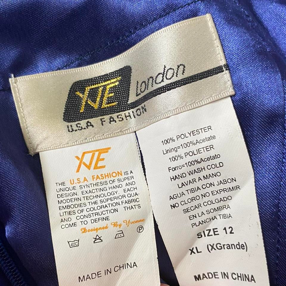 Blue satin beaded evening dress with shawl UK 12-14