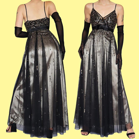 Black sequin flared dress & shawl UK 14