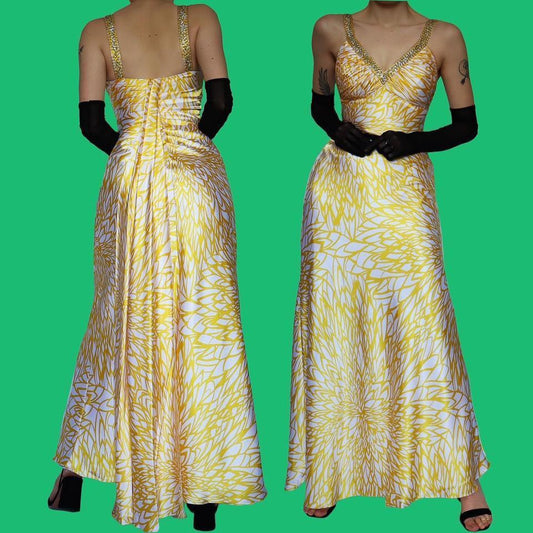 Silky yellow print evening dress UK 8