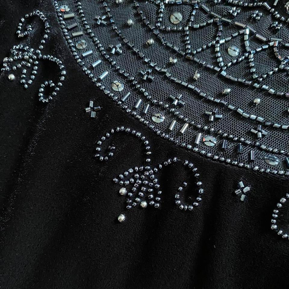 Black velvet beaded evening dress UK 14