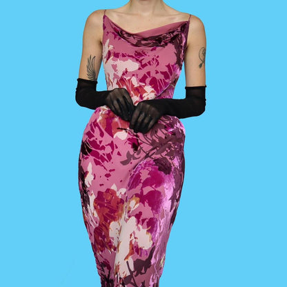 Pink devore velvet print slip dress with shawl UK 12