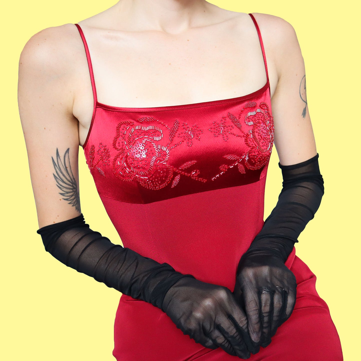 Red beaded fitted evening dress UK 8