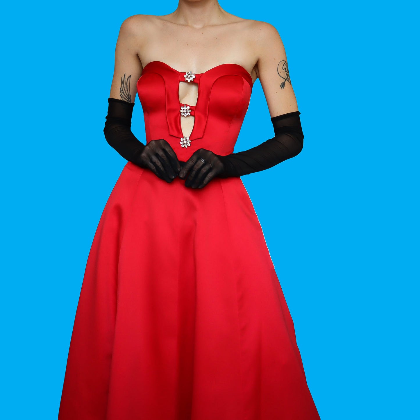 Red strapless a-line evening dress UK 12