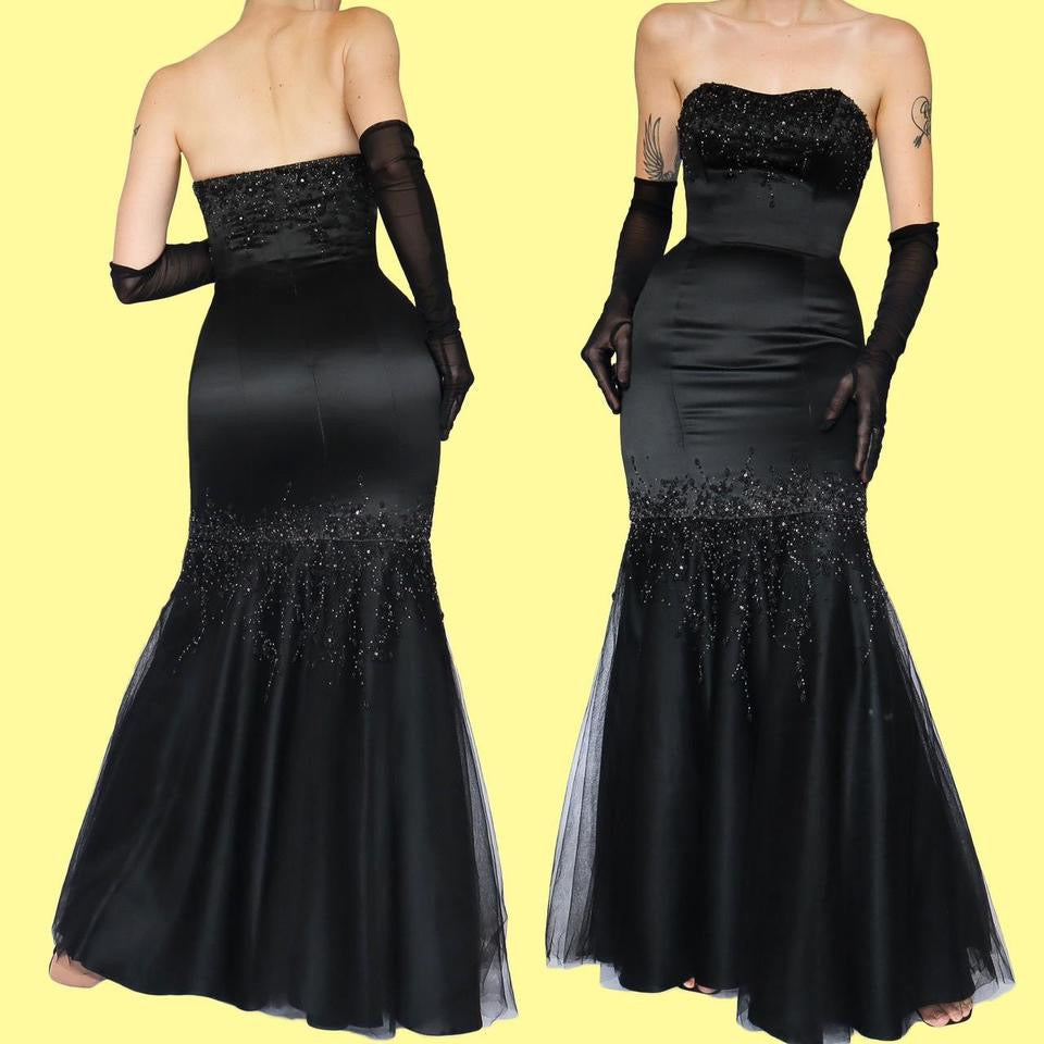 Black strapless fishtail evening dress UK S