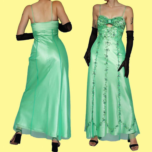 Green beaded vintage Dave & Johnny evening dress UK 8-10