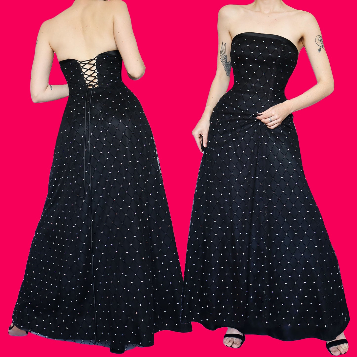 Black glitter strapless a-line evening dress UK 10-12