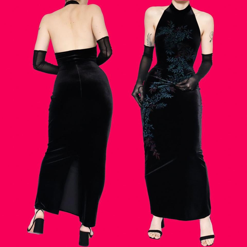 Black velvet high neck evening dress UK 10