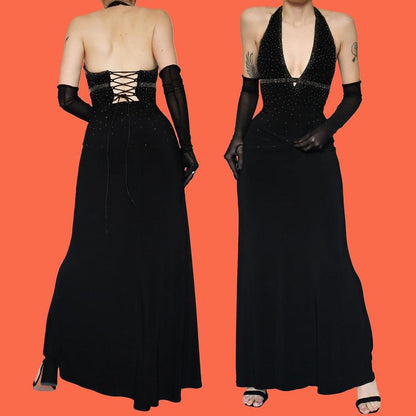 Black DJ Nights stretch beaded halter neck evening dress UK 10, 12 & 14 available
