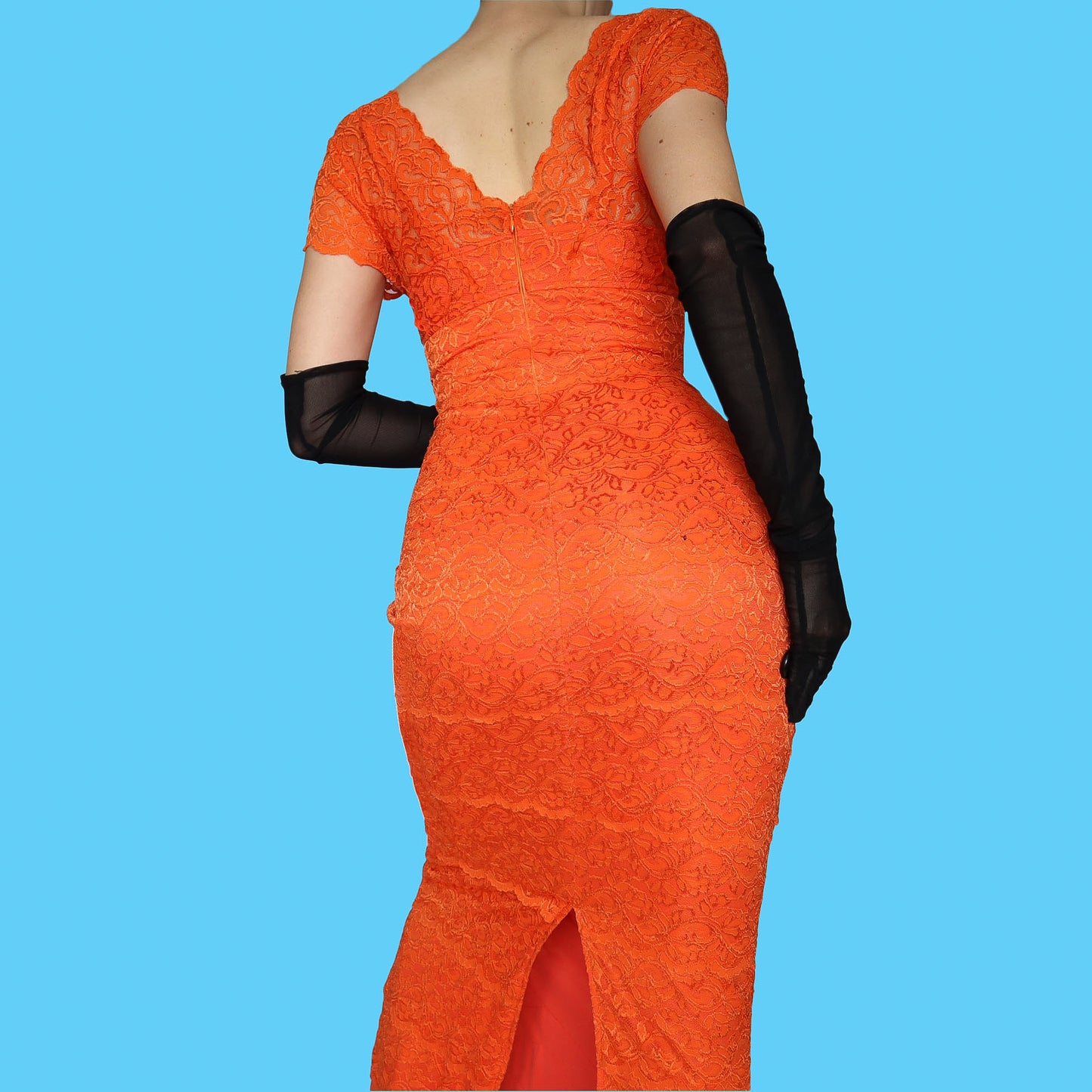 Orange lace stretch evening dress UK 10