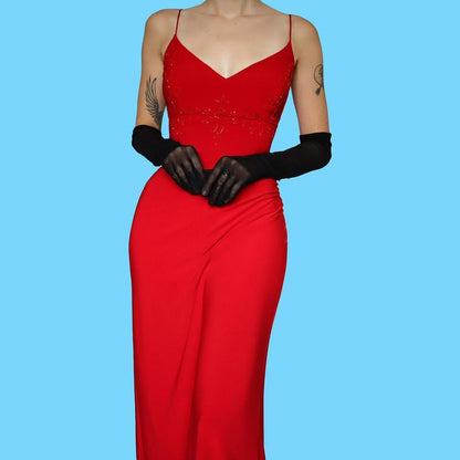 Red beaded low back evening dress UK 12