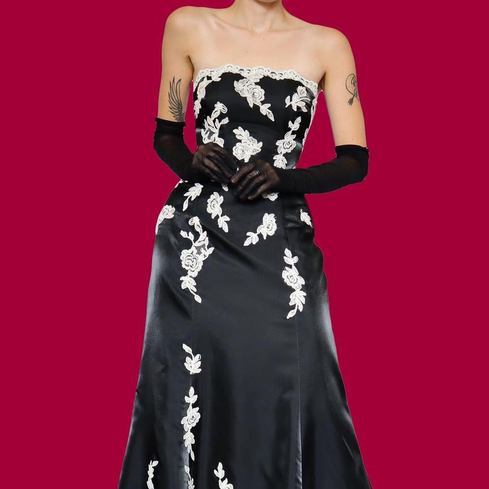 Black strapless lace fishtail evening dress UK 12