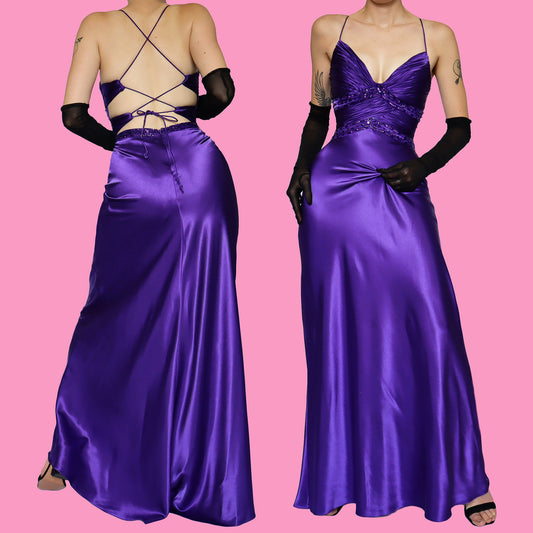 Purple lace up back evening dress UK 8