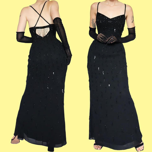 Black YVE 100% silk evening dress UK 10-12