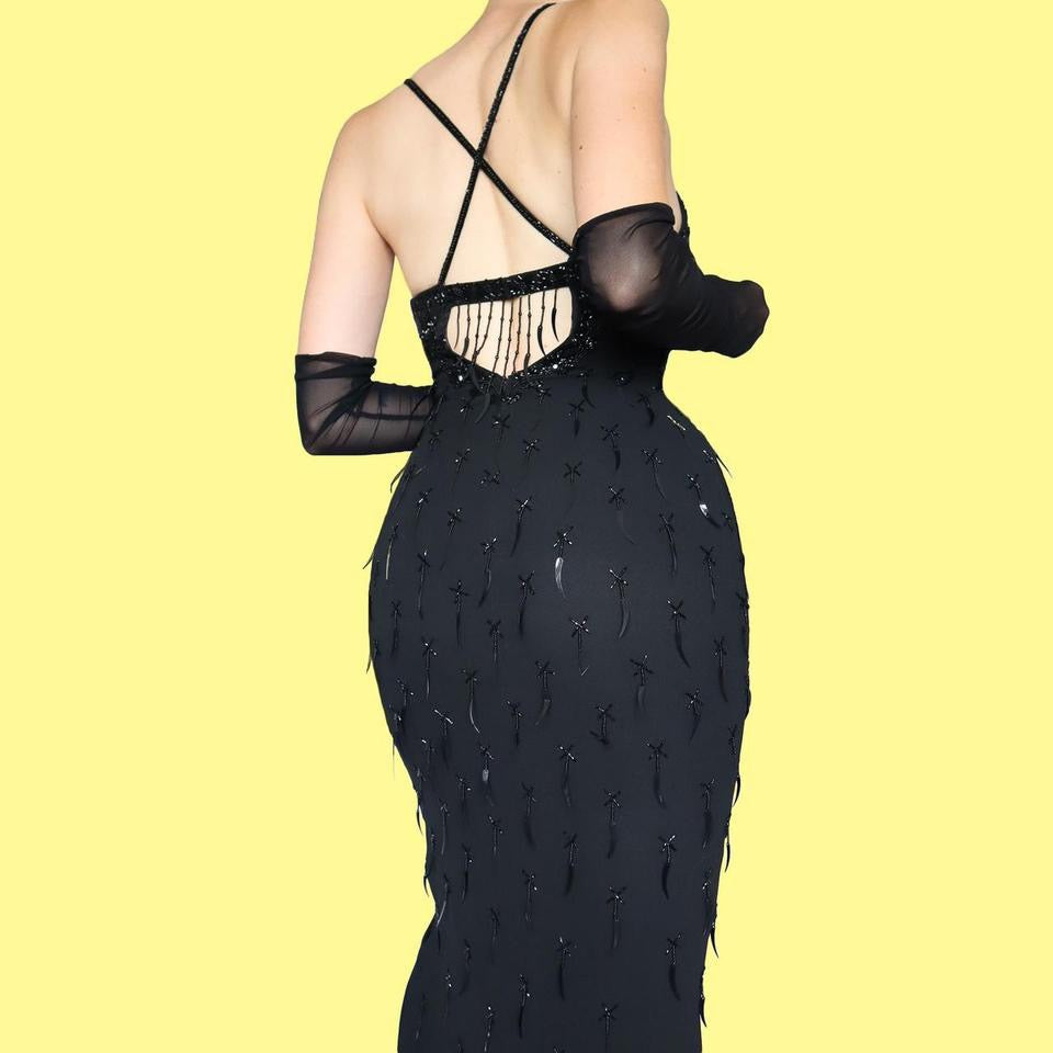 Black YVE 100% silk evening dress UK 10-12