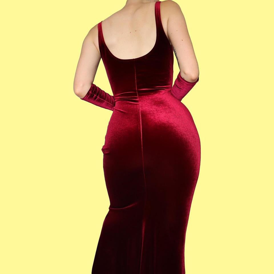 Red velvet evening dress with gloves UK 8-10