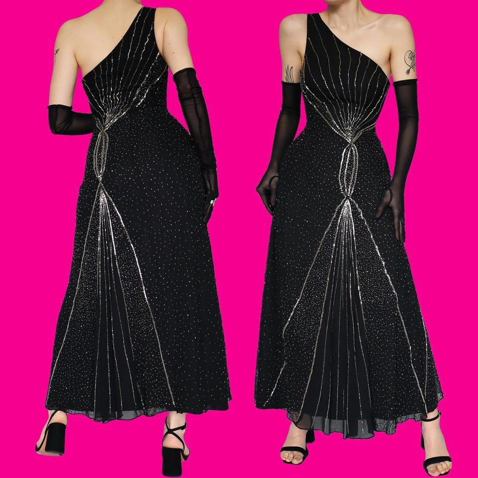 Black one shoulder beaded evening dress UK 12 & UK 16