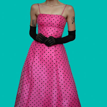 Bright pink polka dot a line evening dress UK 10