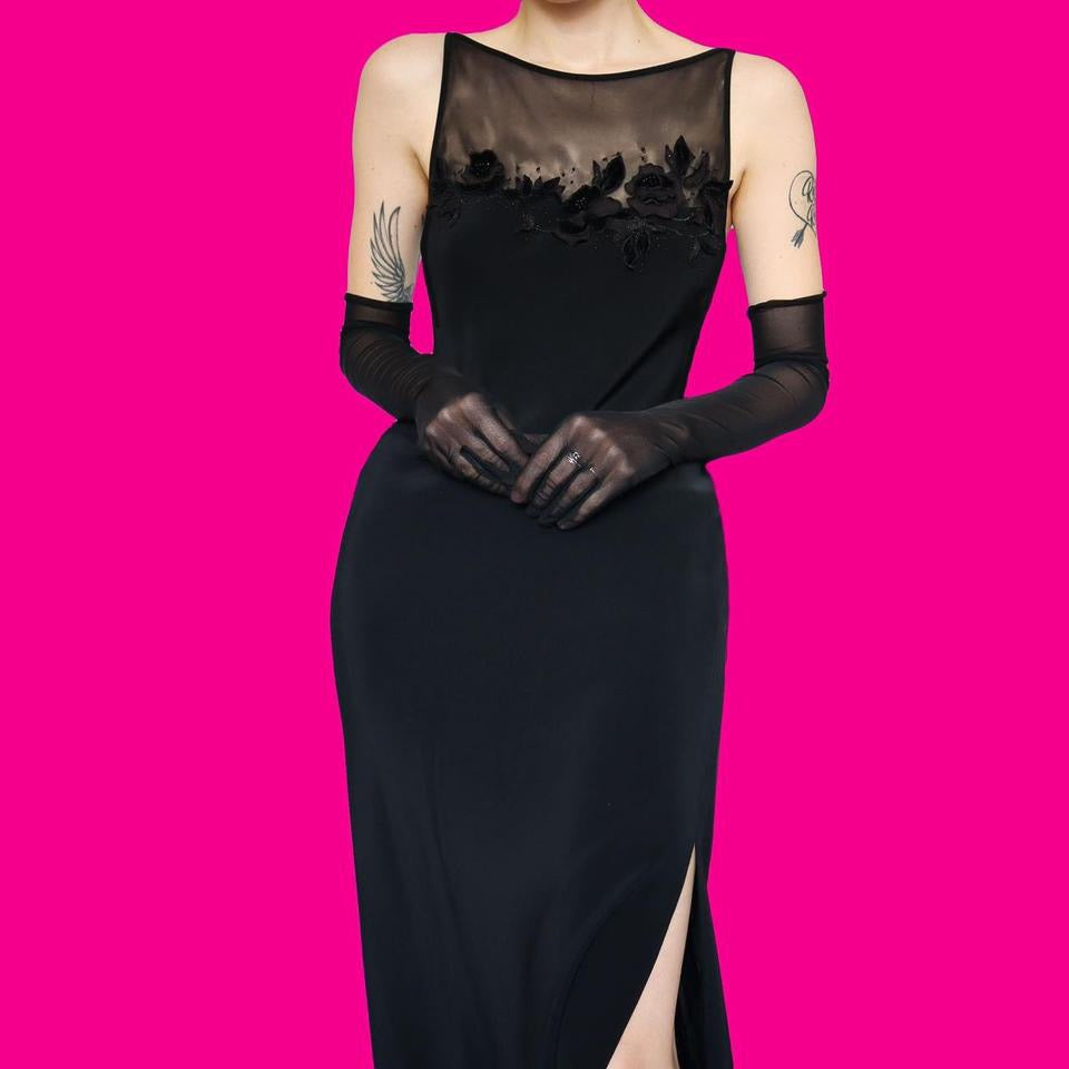 Black sheer bust & back detail evening dress UK 12