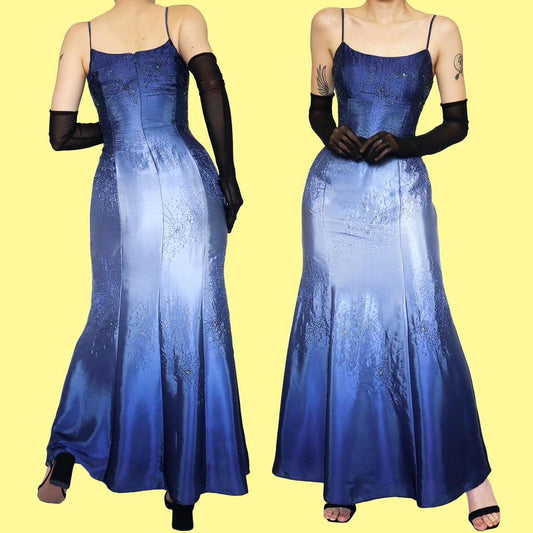 Blue satin beaded evening dress with shawl UK 12-14