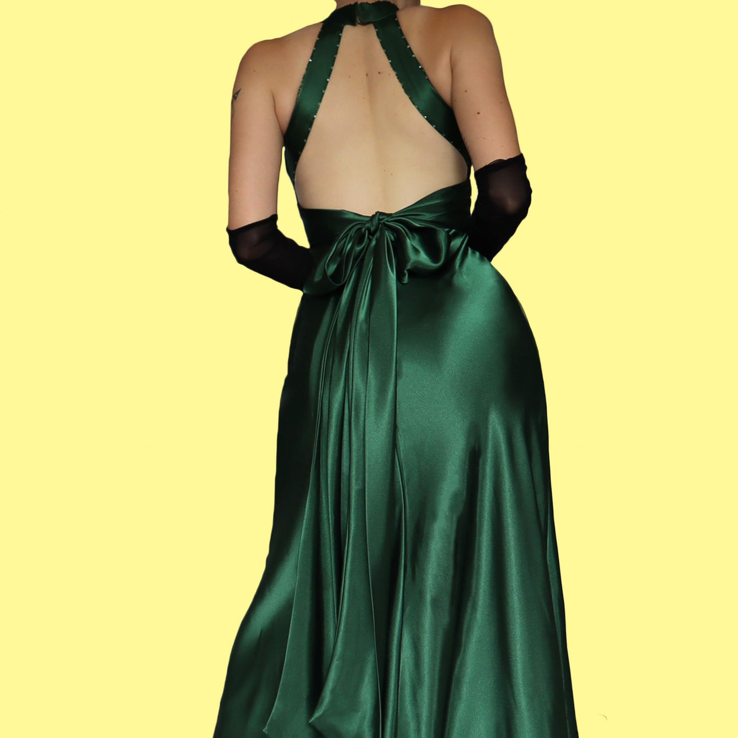 Green satin open back evening dress UK 10