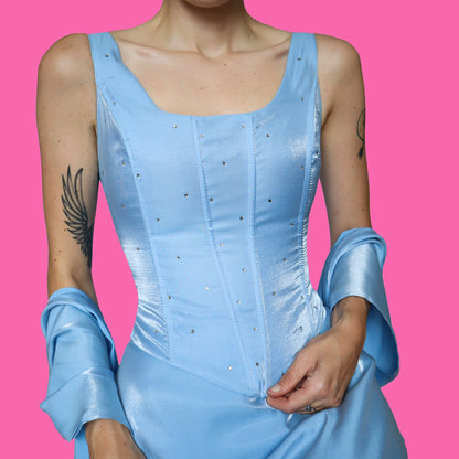 Silky baby blue 3 piece corset, skirt & shawl UK 12
