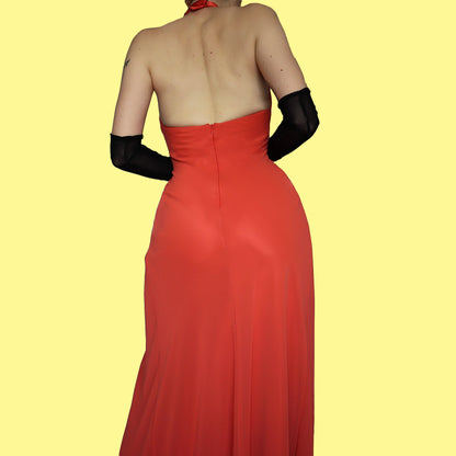 Orange satin halter neck evening dress UK 10